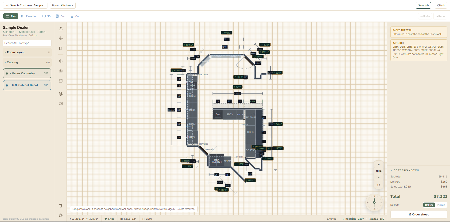 Dimensioned floor plan from the Praxis 180 designer
